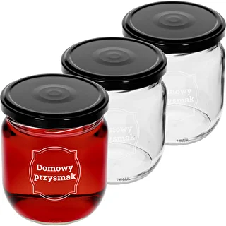 Kozarec TO 425 ml s potiskom „Domača dobrota” in črnim pokrovčkom fi 82 - 3 kosi.