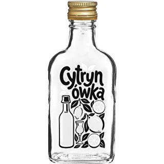 Ploska steklenica 200 ml z navojnim pokrovčkom in potiskom »Cytrynówka«, vzorec 1
