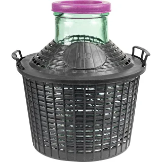 Balon za vino 10 L s širokim vratom v plastičnem košu.