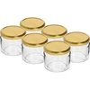 Nizek kozarec 330 ml - z zlatim pokrovčkom fi 82/6, 6 kosov ['nizek kozarec', ' stekleni kozarec', ' kozarec 330 ml', ' pokrovček twist-off', ' kozarec za marmelado', ' posoda za shranjevanje', ' domači konzervirani izdelki', ' kozarec za slede', ' kozarec za solato', ' kozarec za desert']