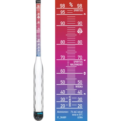 Alkoholometer, ki se ne razbije, s epruveto, merilni razpon 20-98% - 3