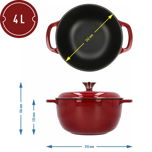 Emajlirani litoželezni lonec - bordo, 4 l - 4