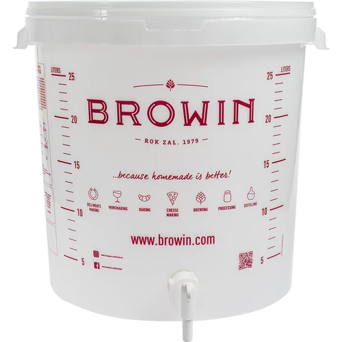 Fermentacijska posoda 30L, v beli barvi s potiskom, s pipo in dvema vodnima zaporama - j.EN - 7