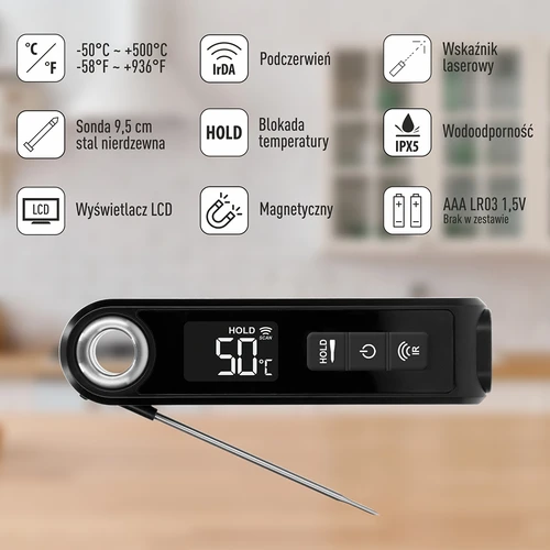 Infrardeči kuhinjski termometer, kompakten, z zložljivo sondo - 8