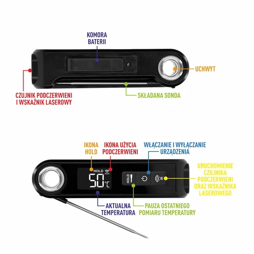 Infrardeči kuhinjski termometer, kompakten, z zložljivo sondo - 9
