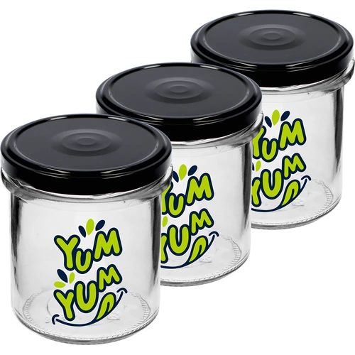 Kozarec z ravnimi stenami 346ml fi 82 z barvnim potiskom "Yum Yum" in črnim pokrovčkom, 3 kosi. - 2