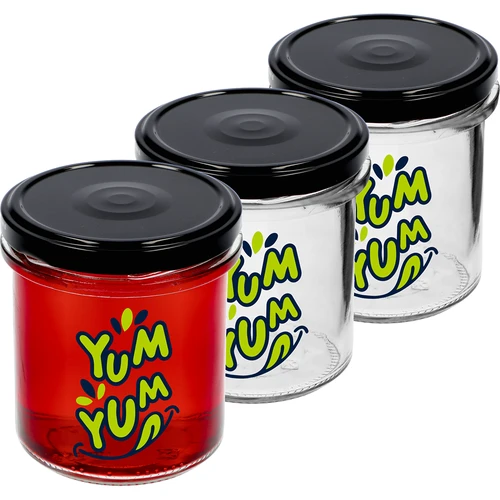 Kozarec z ravnimi stenami 346ml fi 82 z barvnim potiskom "Yum Yum" in črnim pokrovčkom, 3 kosi.