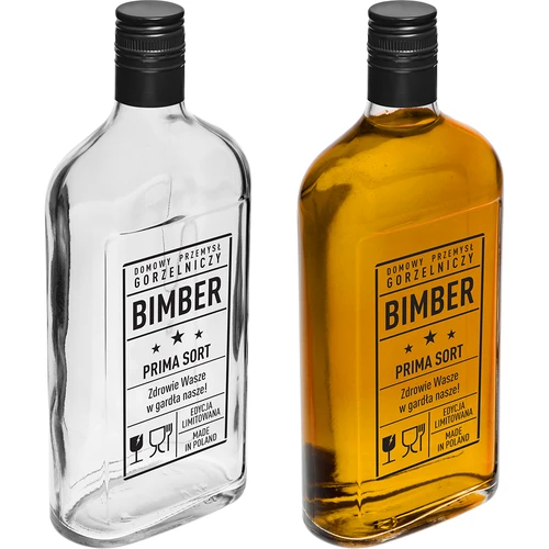 Ploska steklenica 0,5 L z navojnim pokrovčkom in potiskom Bimber PRL - 4