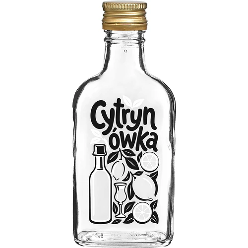 Ploska steklenica 200 ml z navojnim pokrovčkom in potiskom »Cytrynówka«, vzorec 1