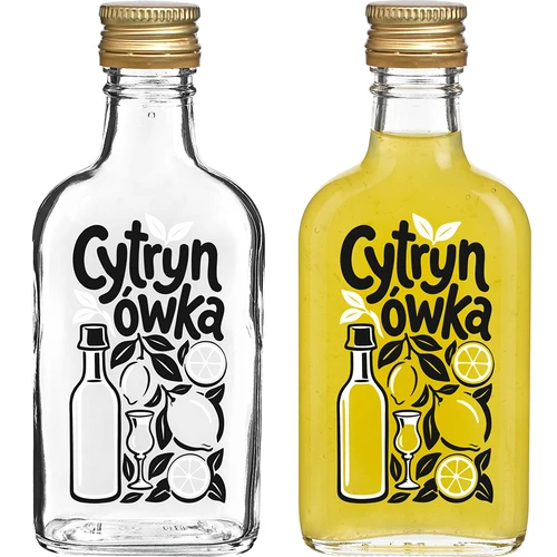 Ploska steklenica 200 ml z navojnim pokrovčkom in potiskom »Cytrynówka«, vzorec 1 - 2