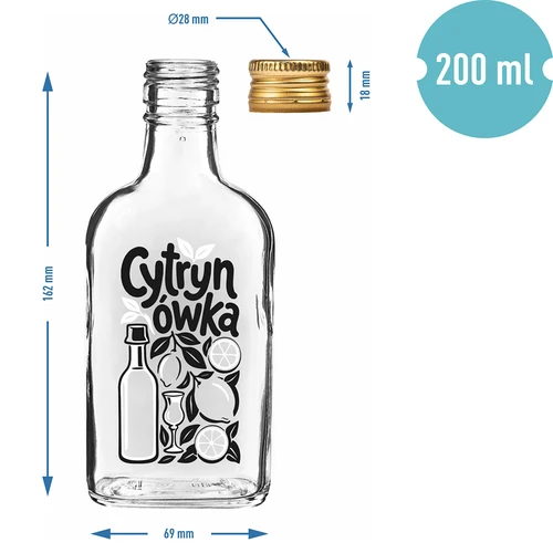 Ploska steklenica 200 ml z navojnim pokrovčkom in potiskom »Cytrynówka«, vzorec 1 - 4