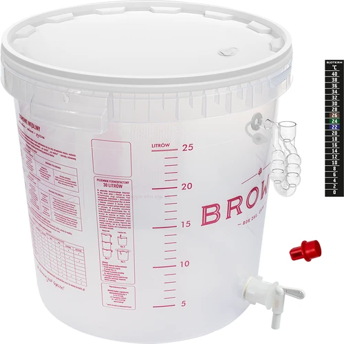 Posoda za fermentacijo piva s fermentacijsko cevko, pipo, termometrom in reduktorjem usedline