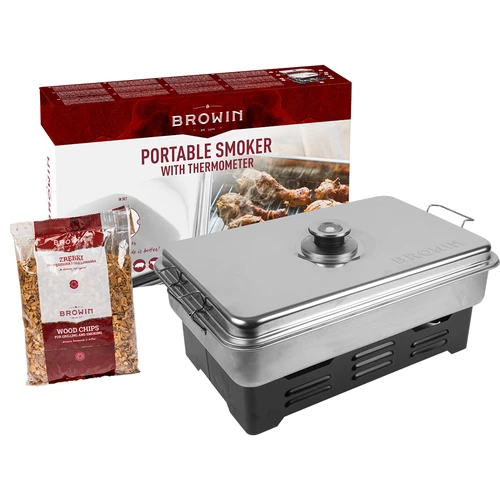 Prenosni prekajevalnik s termometrom in sadnimi lesnimi sekanci