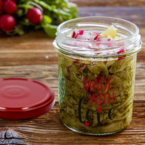 Ravnostenski kozarec 346 ml fi 82 z barvnim potiskom "Made With Love" in bordo pokrovčkom, 3 kosi. - 8