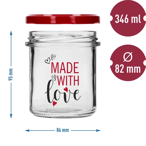 Ravnostenski kozarec 346 ml fi 82 z barvnim potiskom "Made With Love" in bordo pokrovčkom, 3 kosi. - 6