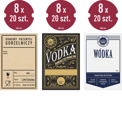 Samolepilne etikete 60x90 mm za steklenice, vodko, 3 motivi, 20 kosov. - 2