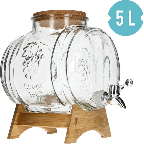 Sodček 5 L, steklen, s široko nalivno odprtino, zamaškom, podstavkom in pipico - 2