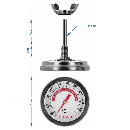 Termometer za žar in BBQ, od 50 do +500°C, bimetalni, 5,3cm - 7